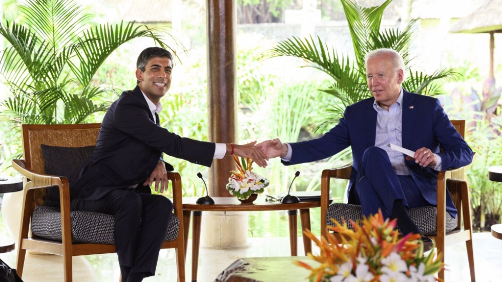 Insändarskribenten ser bara två länder där det parlamentariska systemet fungerar som det var tänkt, nämligen Storbritannien och USA. Här skakar premiärminister Rishi Sunak hand med president Joe Biden.