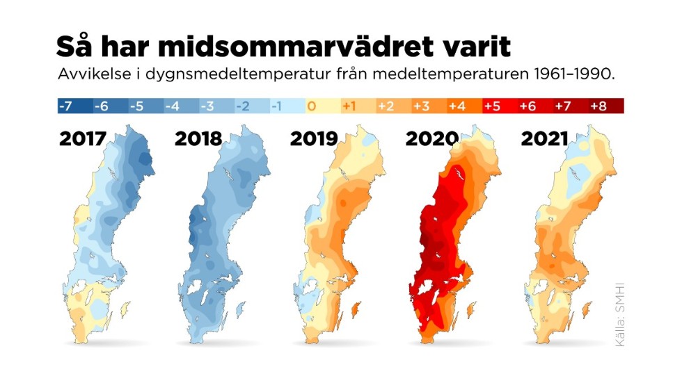 Avvikelse i dygnsmedeltemperatur från medeltemperaturen 1961–1990.