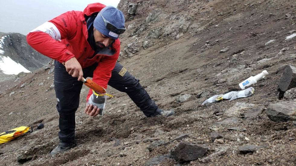 Forskaren Alexis Gaete samlar provar på Antarktis.