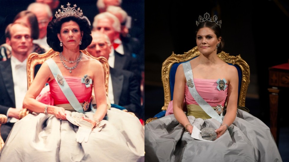 Det går att spara in på klädkontot. Vid nobelprisutdelningen 2018 använde Kronprinsessan Victoria samma klänning som drottning Silvia hade på sig vid Nobelfestligheterna 1995. Arkivbild.