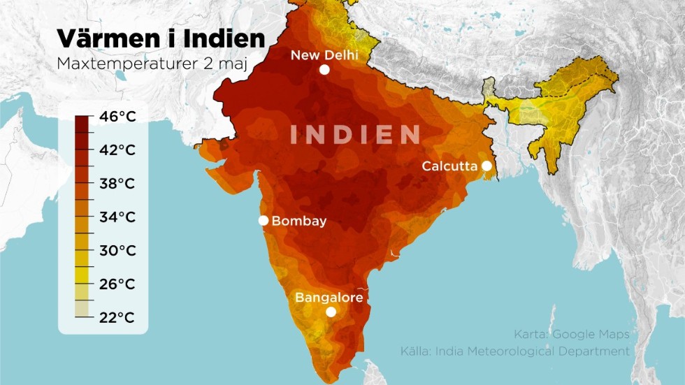 Maxtemperaturer i Indien den 2 maj.