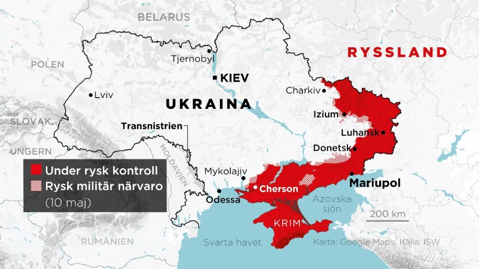 Områden under rysk kontroll samt områden med rysk militär närvaro den 10 maj.