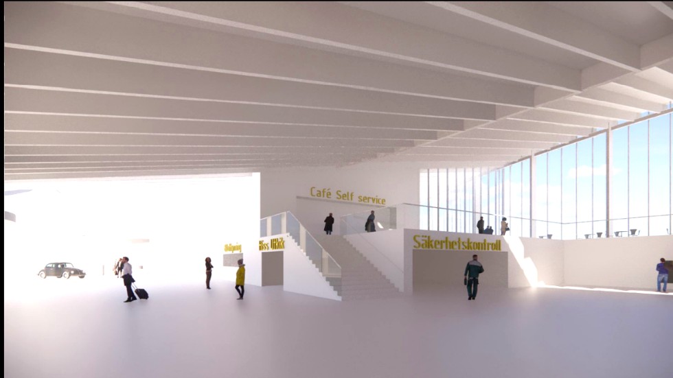 This is what one of the concept sketches looks like for a new terminal at Skellefteå Airport. Passengers stay on the ground level while visitors can go upstairs and watch the departures.