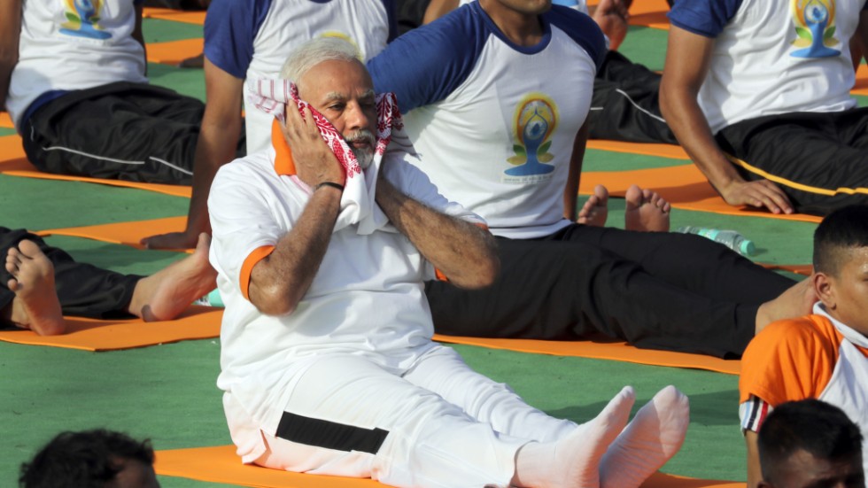 Narendra Modi i Dehradun, Indien, på internationella yogadagen 2018. Arkivbild.