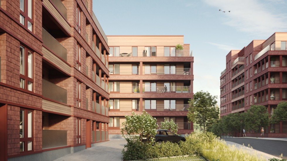I Stockholms län har bostadsbyggandet backat i vintras, men i Sörmland har det ökat. Det behövs fler småhus och fler lägenheter, och i bygg- och energisektorn finns många möjligheter för dem som väljer yrke. På bilden: skiss på planerade nya hus i Läggesta.   