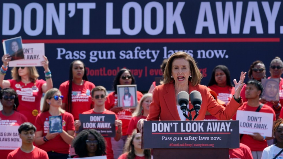 Representanthusets talman, demokraten Nancy Pelosi, talar till anhängare om behovet av nya vapenlagar, i Washington på onsdagen.