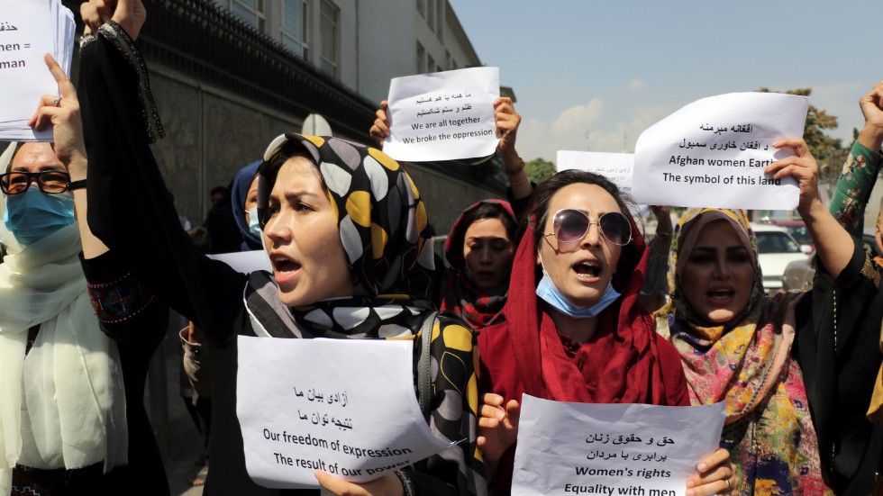Kvinnor i Kabul som demonstrerar mot talibanstyret. Bild från 3 september.