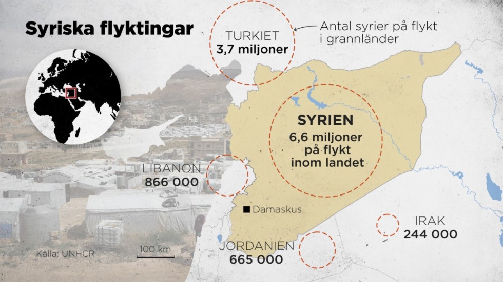 Kartgrafik som visar hur många flyktingar som finns i området runt Syrien.