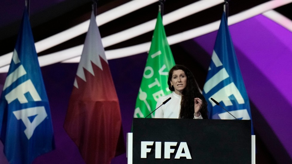 Lise Klaveness under sitt tal på Fifa-kongressen.