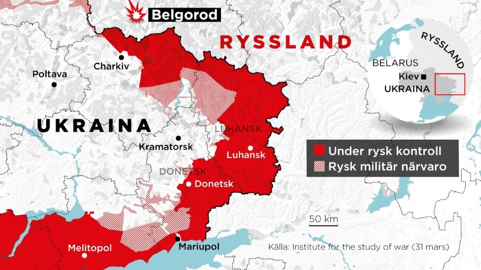 Områden under rysk kontroll samt områden med rysk militär närvaro, 24 februari–31 mars.