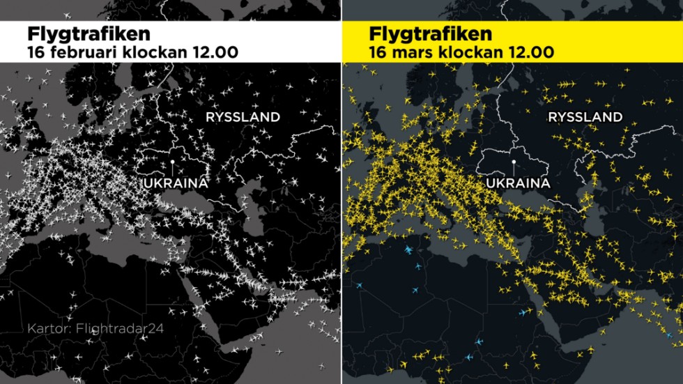 Flygtrafiken före och efter Rysslands invasion av Ukraina.