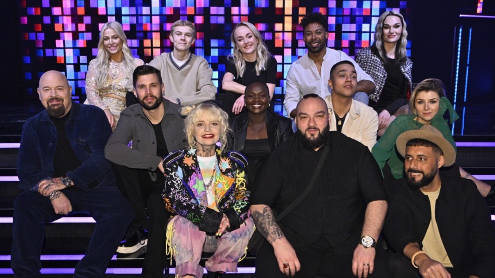 Finalisterna i Melodifestivalen. Övre raden från vänster: Klara Hammarström, Theoz, Anna Bergendahl, John Lundvik, Tone Sekelius. Undre raden från vänster: Anders Bagge, Robin Bengtsson, Cazzi Opeia, Faith Kakembo, Ali Jammali och Sami Rekik i Medina.