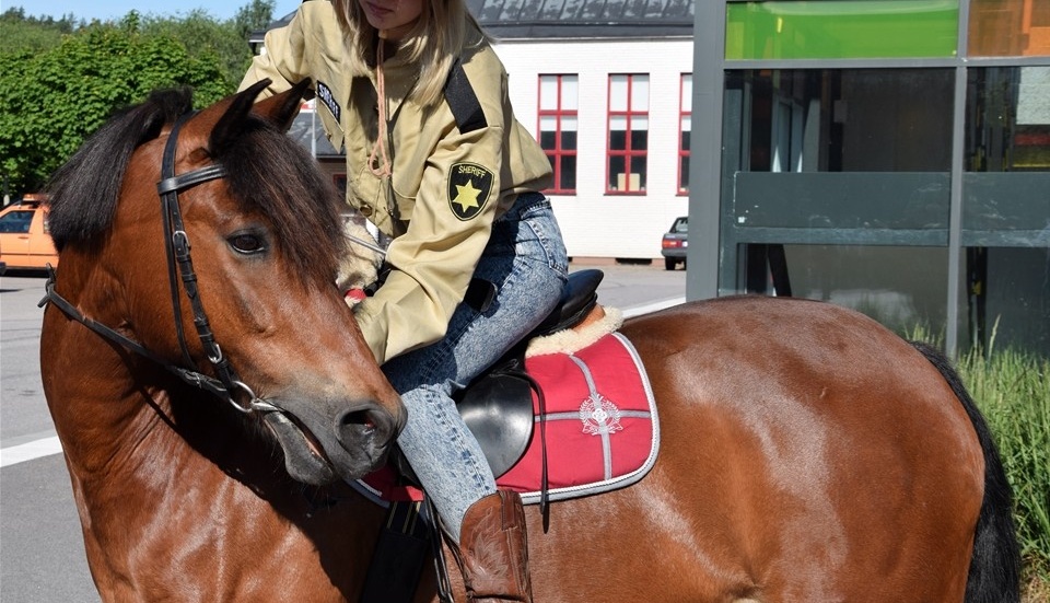 Under maskeraden gick alla in i sina roller fullt ut. Även hästen Findus fick ställa upp för sheriffen. foto: Morgan Karlsson