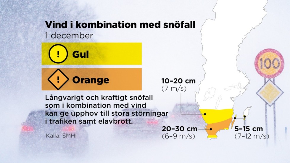 Stora delar av Skåne län, Blekinge län, Kronobergs län och Kalmar län, samt södra delen av Hallands län kan få en besvärlig trafiksituation under onsdagen. Det blir som blåsigast under onsdag eftermiddag och kväll, nordostlig vind 6-9 m/s. Snöfallet väntas bli kraftigt i delar av södra Götaland med 20-25 cm snö.