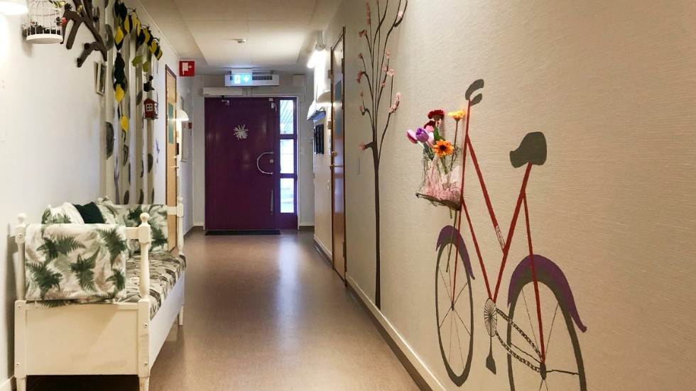 Konsten på Norrgläntans äldreboende är till för att beröra. I den här korridoren finns bland annat en björkskog, en cykel och ett körsbärsträd som blommar året runt. 