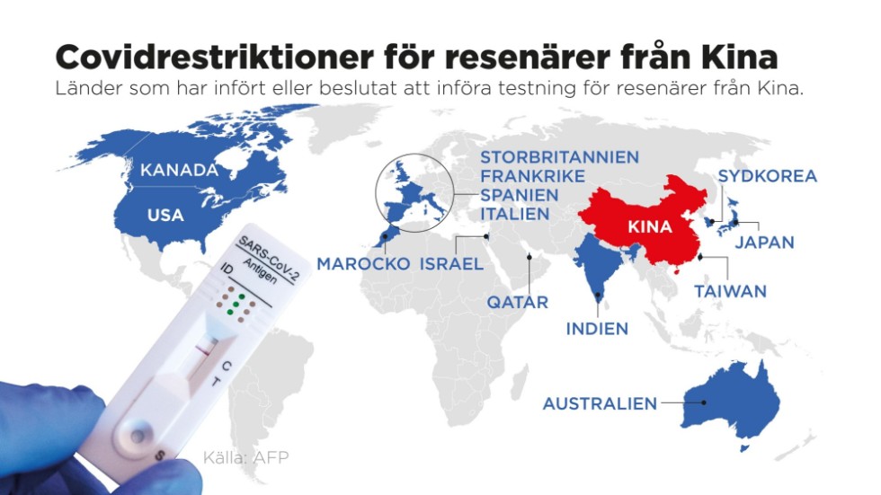 Länder som under tisdagen infört eller beslutat att införa testning för resenärer från Kina. EU-kommissionen meddelade på tisdagseftermiddagen att en stor majoritet av EU:s medlemsländer står bakom testning av Kinaresenärer.