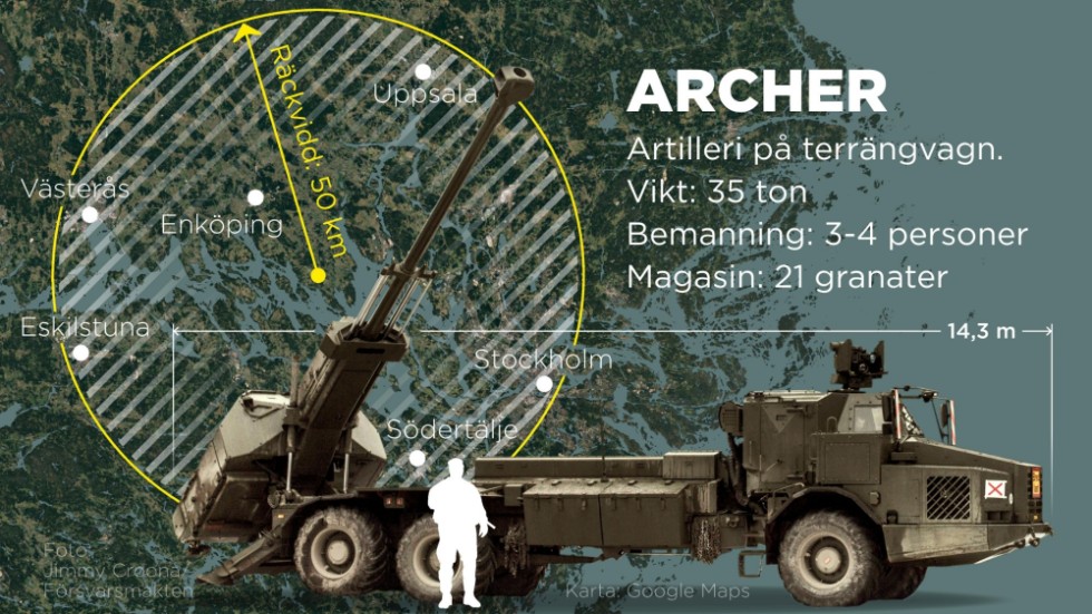 Försvarets artilleripjäs Archer är monterad på en terrängvagn.