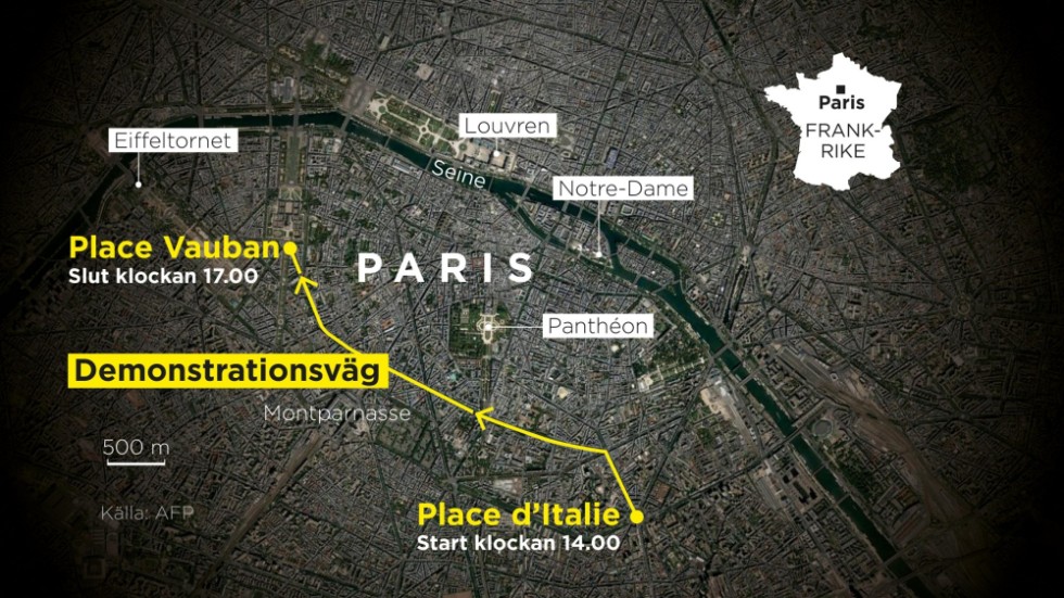 Demonstrationståget i Paris startar vid Place d'Italie och slutar vid Place Vauban.