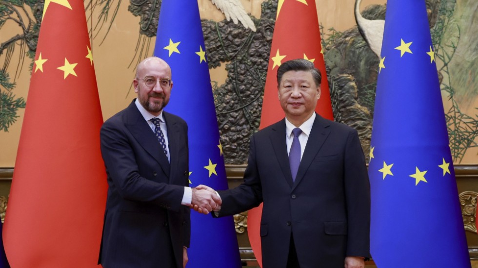 Europeiska rådets ordförande Charles Michel och Kinas ledare Xi Jinping.