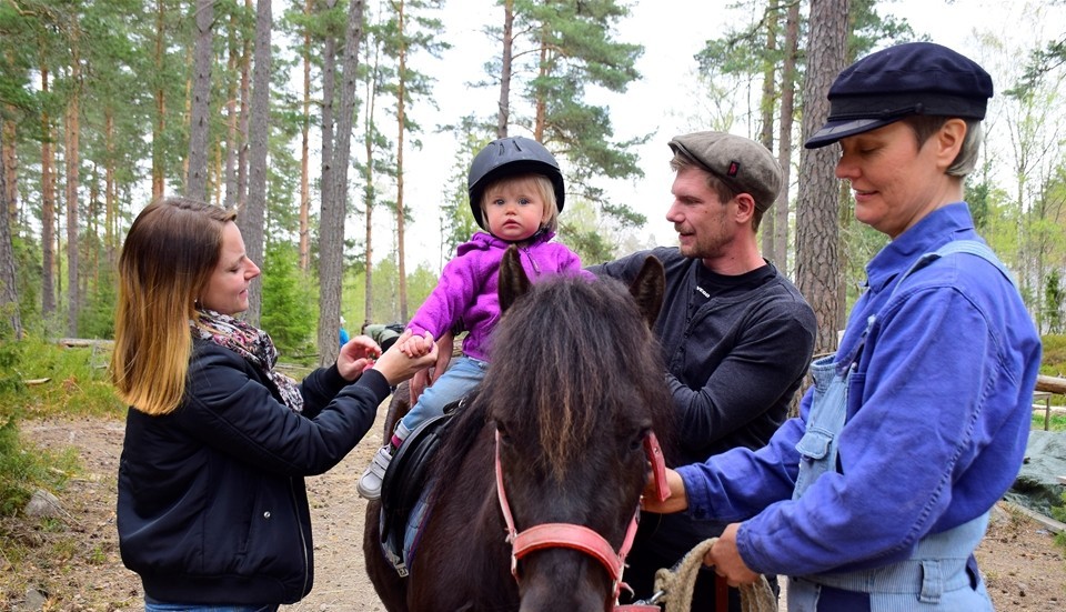 På Eriksgården gick det att under Upptäckardagen att prova på ponny- och hästridning. Här sitter Tuva Holgersson i sadel. Foto: Elin E Elmström.