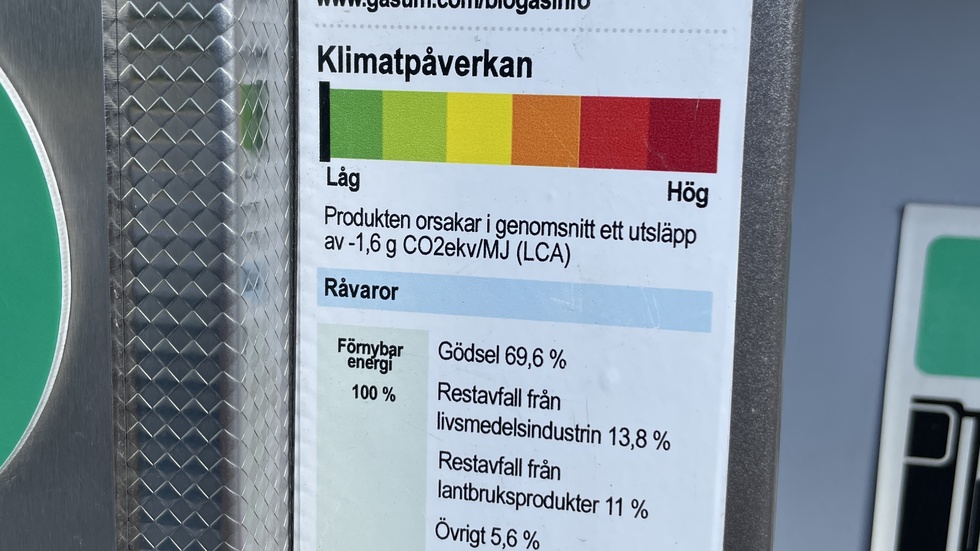 Miljöinformation om klimatpåverkan för biogasen som tankas på Circle K i Stenkulla. 