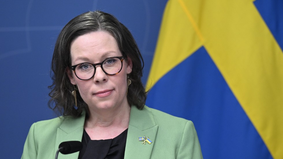 Migrationsminister Maria Malmer Stenergard vid en pressträff om arbetskraftsinvandring.
