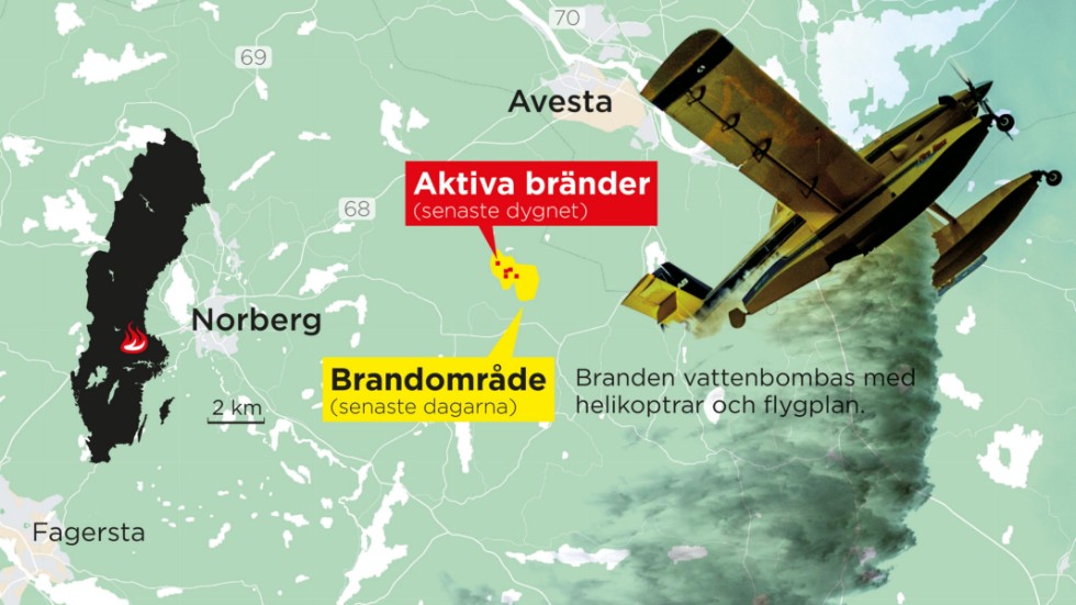 Skogsbranden vid Olsbenning mellan Avesta och Norberg i Västmanland är inte under kontroll.
