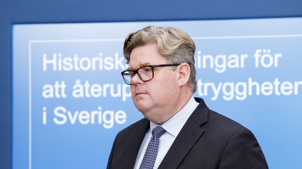 Justitieminister Gunnar Strömmer (M) vid en pressträff på torsdagen där satsningar på rättsväsendet presenterades.