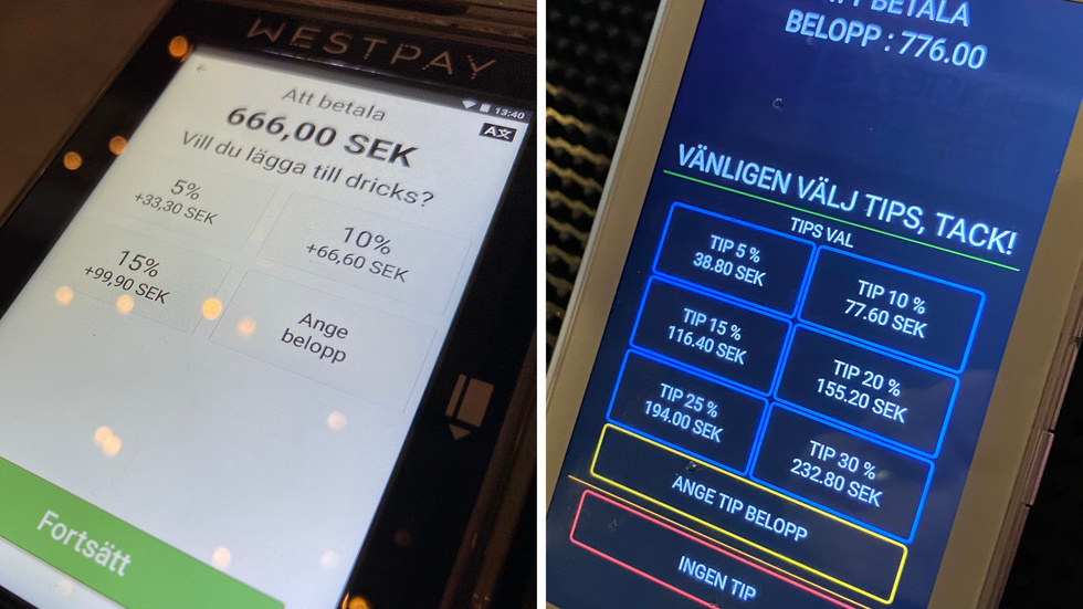 Dricks. "Många restauranger har infört betalsystem som har förutbestämda procentsatser för dricks på betalskärmen."