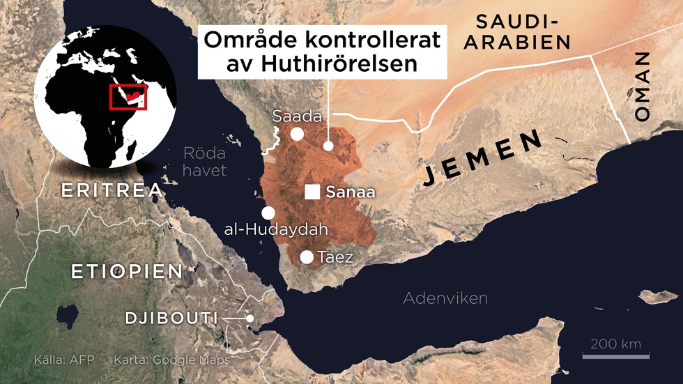 Kartan visar området som kontrolleras av Huthirörelsen i västra Jemen.