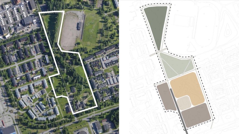 To the left, an aerial view of the area; to the right, the planned layout. Yellow represents the new preschool, light brown is an apartment block. Dark brown indicates new townhouses. Light green is the park, and dark green is the new flood reservoir.