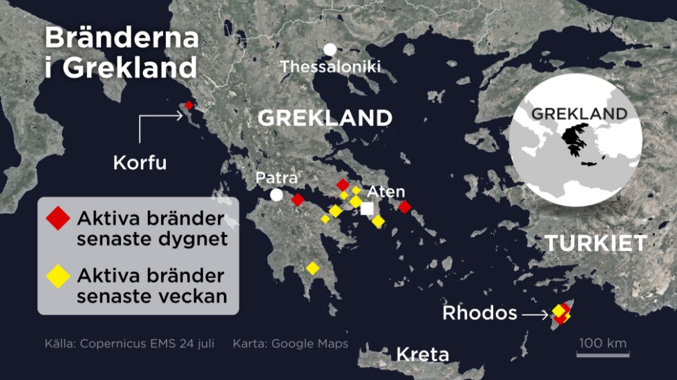 Kartan visar aktiva bränder i Grekland det senaste dygnet samt aktiva bränder den senaste veckan.