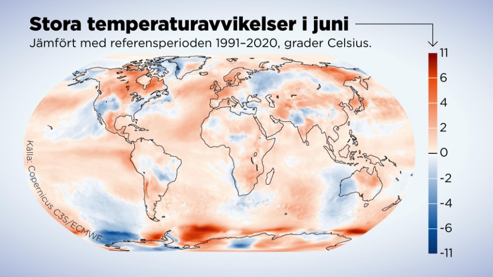 Temperaturavvikelser i juni 2023 jämfört med referensperioden 1991–2020, grader Celsius.