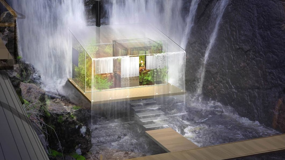 En skiss på hur glashotellet i vattenfallet ska utformas.