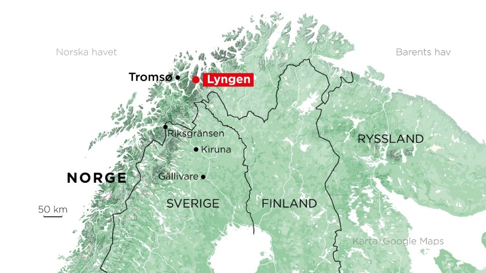 Lyngen ligger öst om Tromsö och norr om Treriksröset.