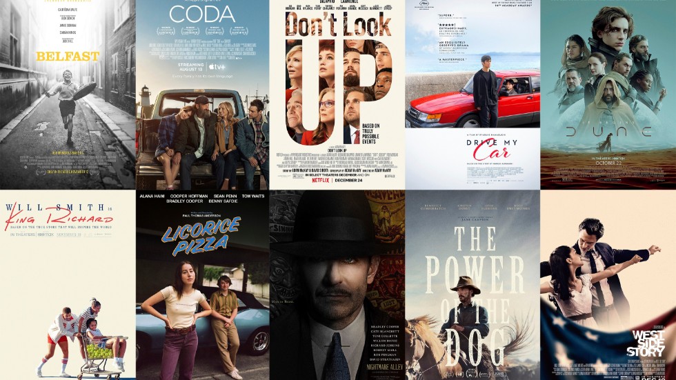 De tio filmer som är nominerade i kategorin bästa film på Oscarsgalan 2022. Pressbilder.