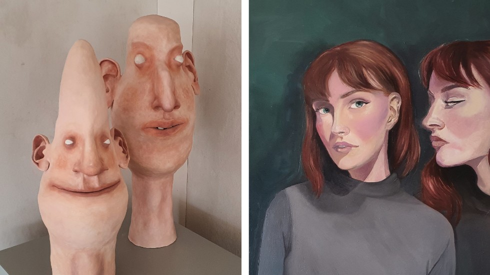 Ansikten i olika tekniker: Ebba Vestlund har gjort huvudena till vänster, och Olivia Tellefsen har gjort målningen till höger (här något beskuren).  