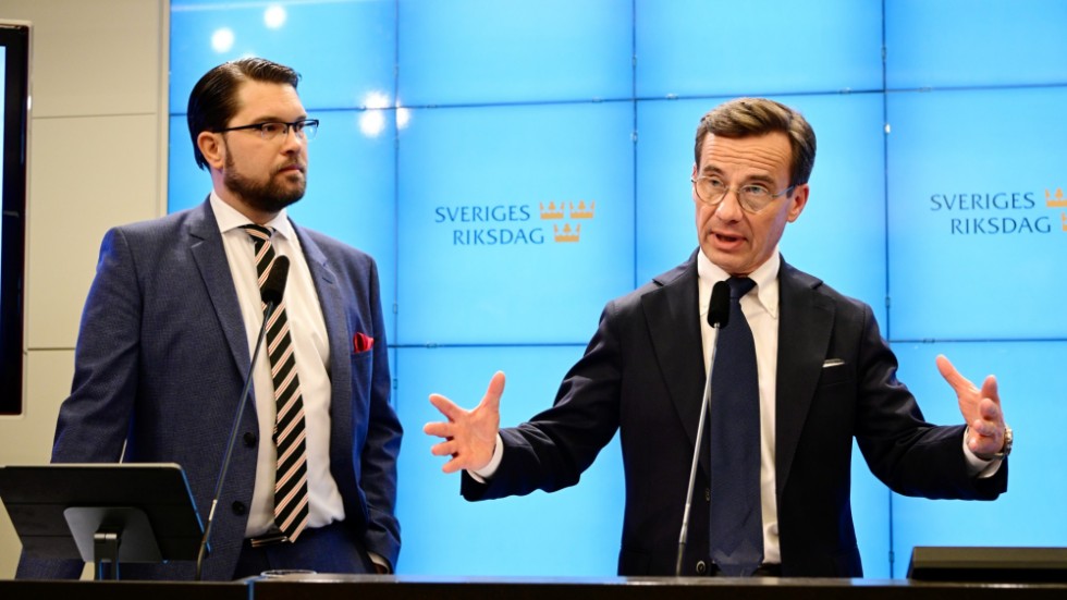 Moderaternas partiledare Ulf Kristersson (M) och Sverigedemokraternas partiledare Jimmie Åkesson (SD) vid en gemensam pressträff om regeringsbildningen.