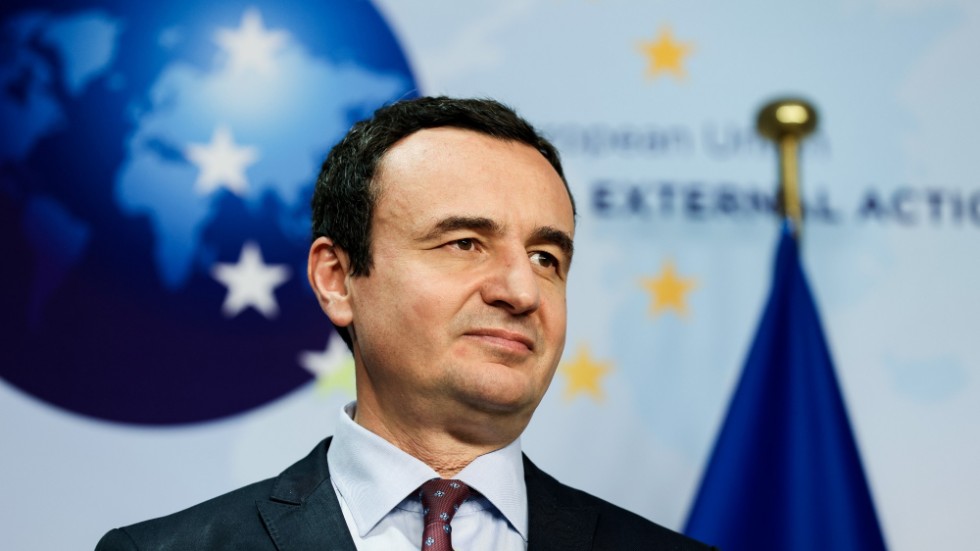 Kosovos premiärminister Albin Kurti under en presskonferens i Bryssel i april 2021.