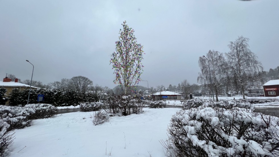 Påskträdet fick sig en snösmocka även på fredagen.