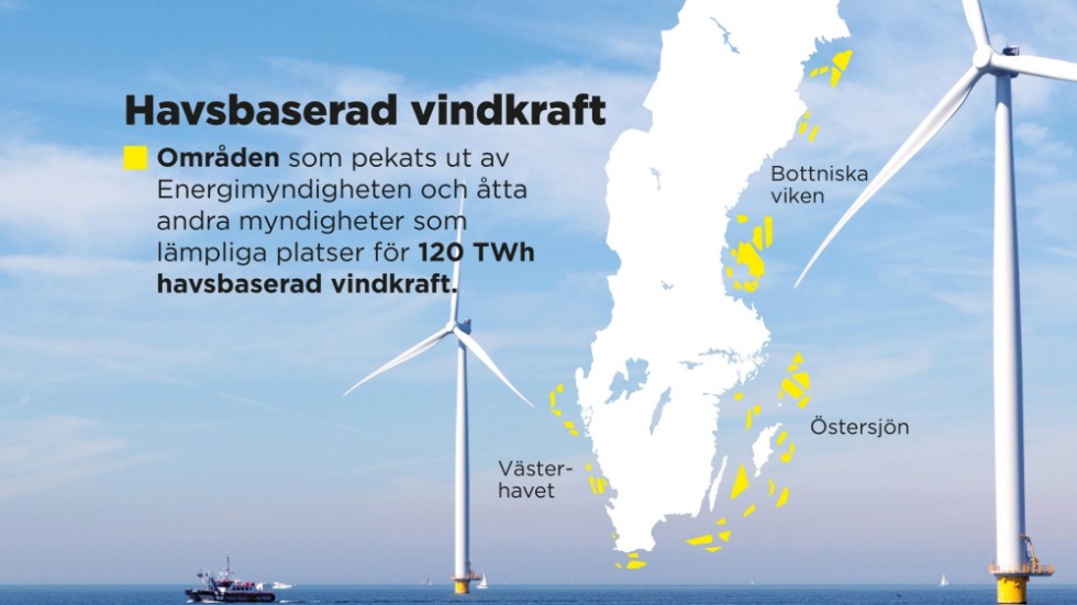Områden som pekats ut av Energimyndigheten och åttaandra myndigheter som lämpliga platser för 120 TWh havsbaserad vindkraft.