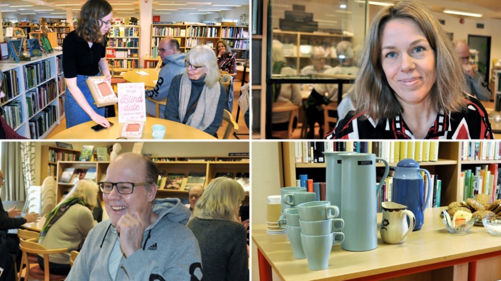 Frukostklubben på biblioteket lockar många. Uppe till vänster försöker bibliotekarien Hanna få Eva Nyqvist att nappa på en blinddate med en inslagen bok. Uppe till höger: Josefine Molinder, kultur- och bilbliotekschef. Nere till vänster Inflyttade Erkki Persson som gillar att träffa folk.

