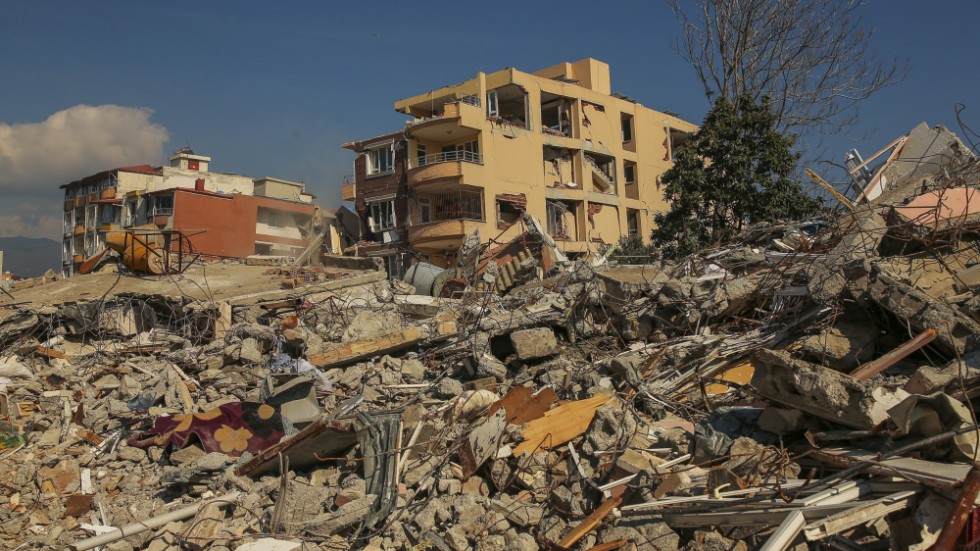 Förstörda hus efter skalvet den 6 februari i Samandag i södra Turkiet.