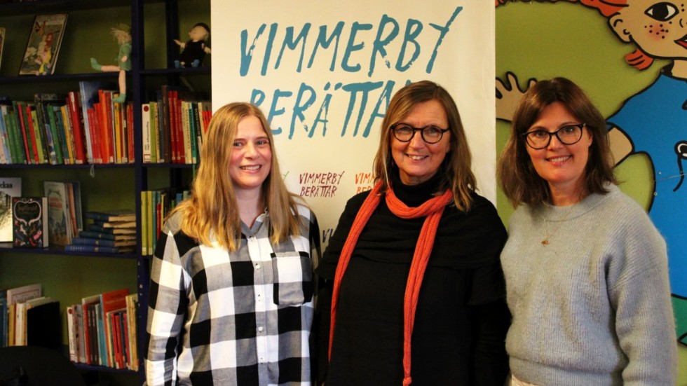 Noomi Lindberg, litteraturpedagog på Vimmerby bibliotek, Anna Mellergård , verksamhetsledare Litteraturnod Vimmerby och Carolina Klintefelt, kommunikatör.