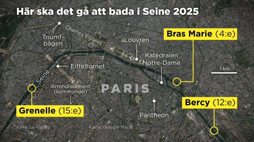 Kartan visar de platser där det ska gå att bada i centrala Paris år 2025.