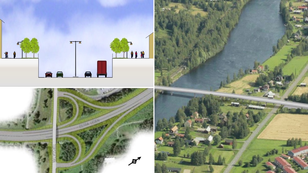 The discussed proposals from the last investigation included a sunken road on Viktoriagatan to the left and a height-separated intersection at Östra Leden/Torsgatan. To the right, there was a bridge over Bockholmsvägen and the Skellefteå river.