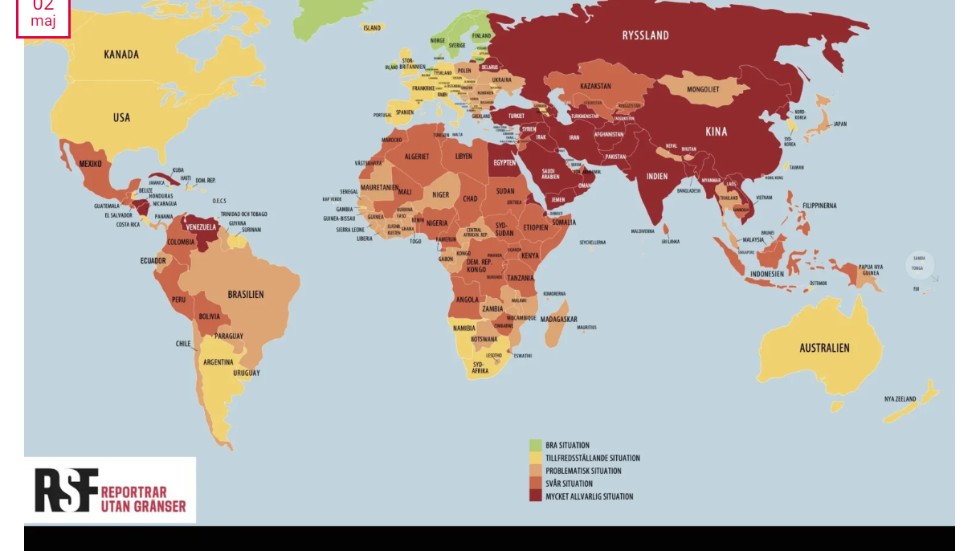 Det röda på världskartan är dåliga nyheter för pressfriheten.