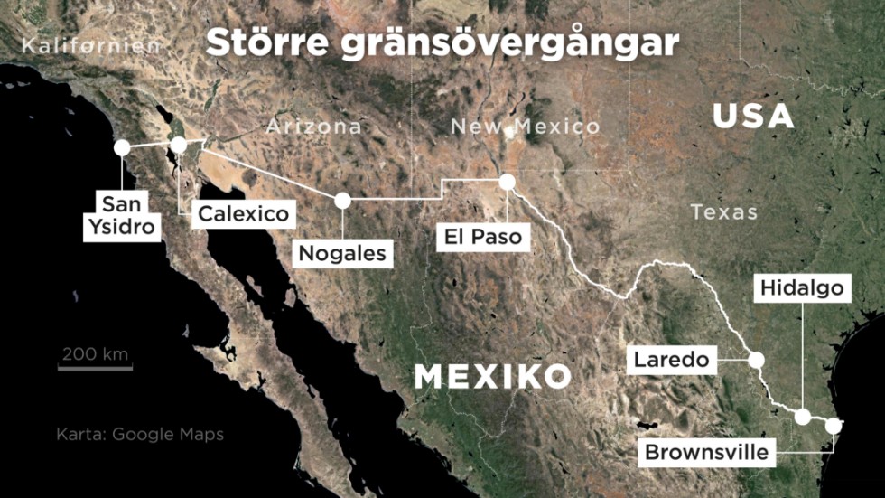 Kartan visar de största gränsövergångarna längs gränsen mellan USA och Mexiko.
