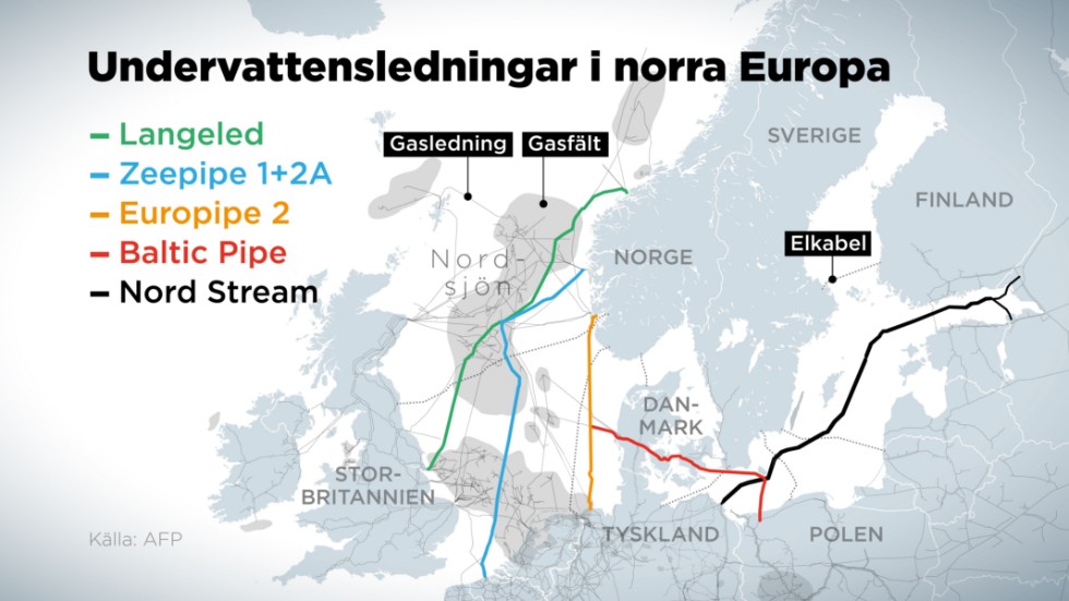 Kartan visar gas- och elledningar dragna på havsbotten i norra Europa.