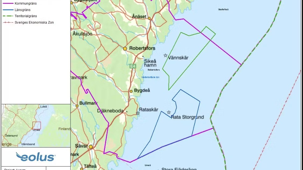 Map of the investigation area for Aurum Norr, in green, and Aurum Syd, in blue, which is mostly in the sea off the municipalities of Robertsfors and Skellefteå.